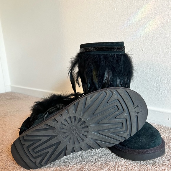 Black Ugg Boots with Feathers and Crystal Trim, Size 9 - Picture 3 of 4
